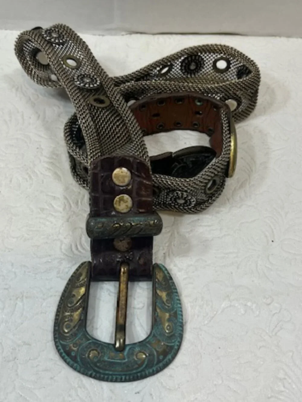 VTG Sand Castle New York Metal Mesh Leather Belt Western Brass Buckle Studs 32 M